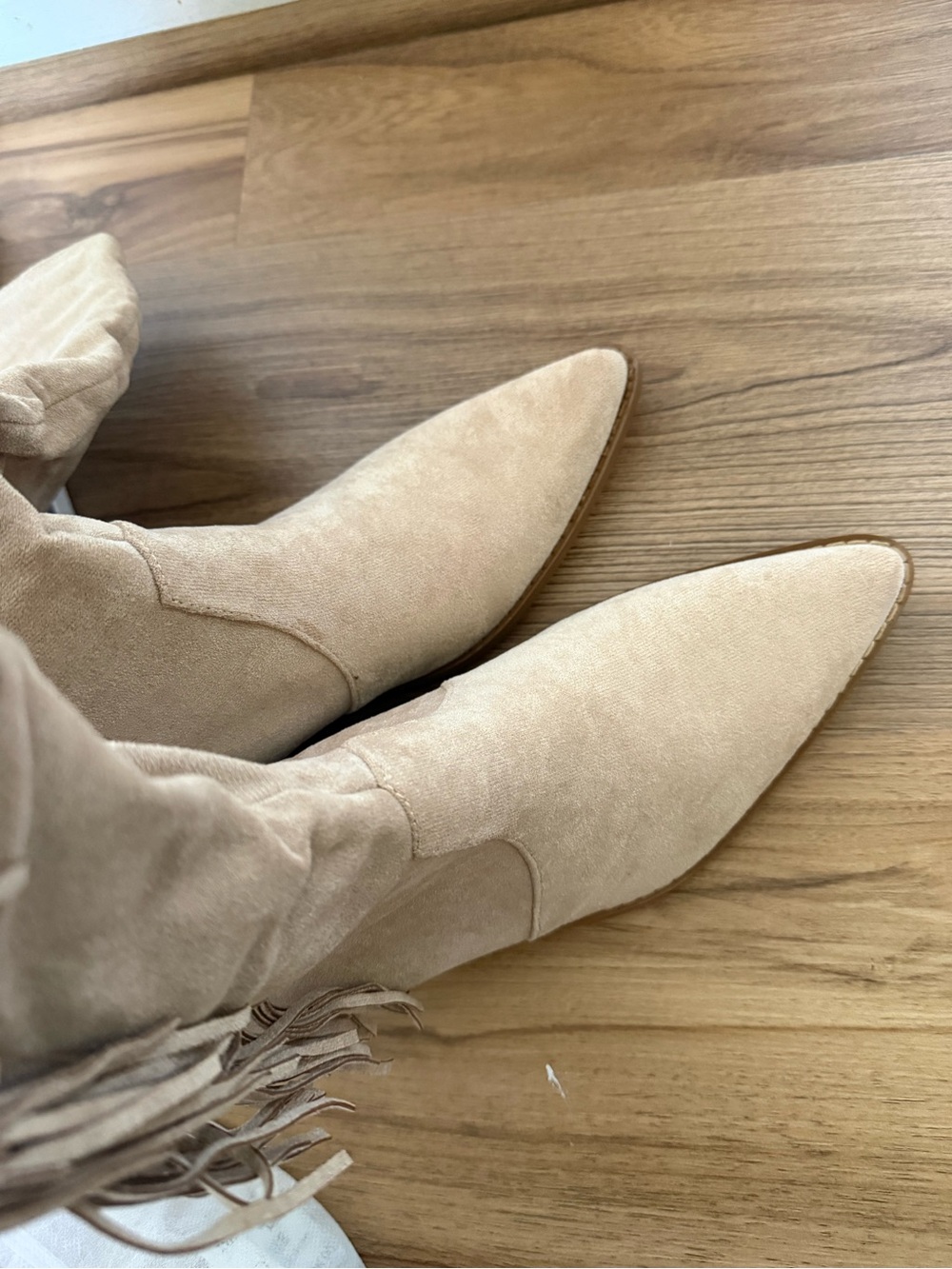 Tucker Beige Faux Suede Knee High Tassle Detail Western Boots - Picture 8 of 11